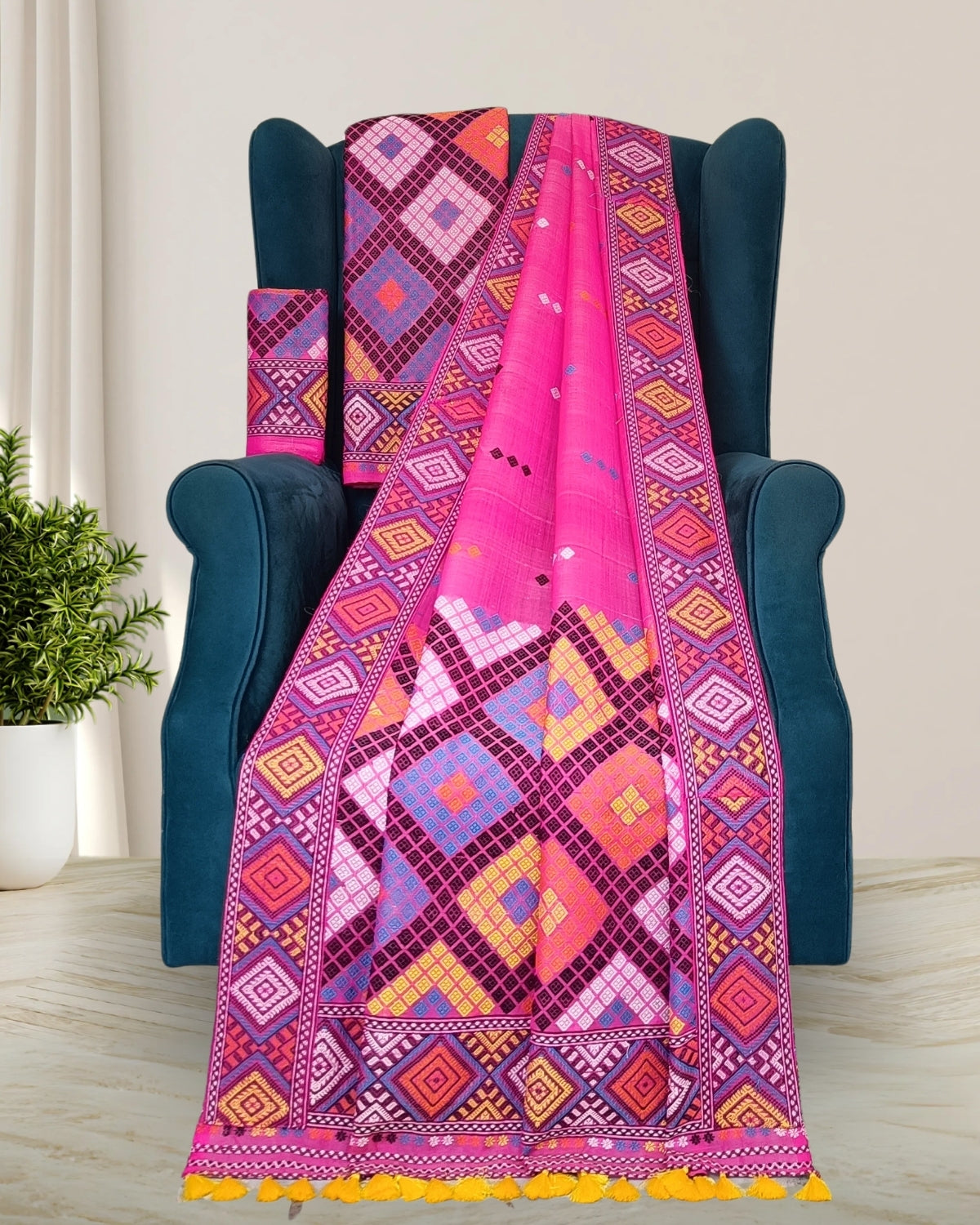 Rani pink semi nuni Mising mekhela sador - DMC motif work 
