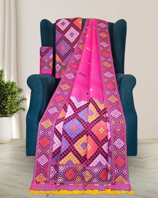 Rani pink semi nuni Mising mekhela sador - DMC motif work 