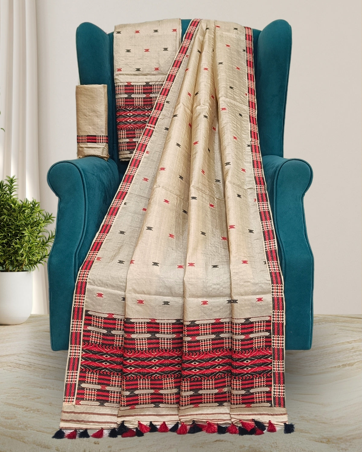 Tussar silk mekhela sador in Mising gero style motifs (Pre-order available)