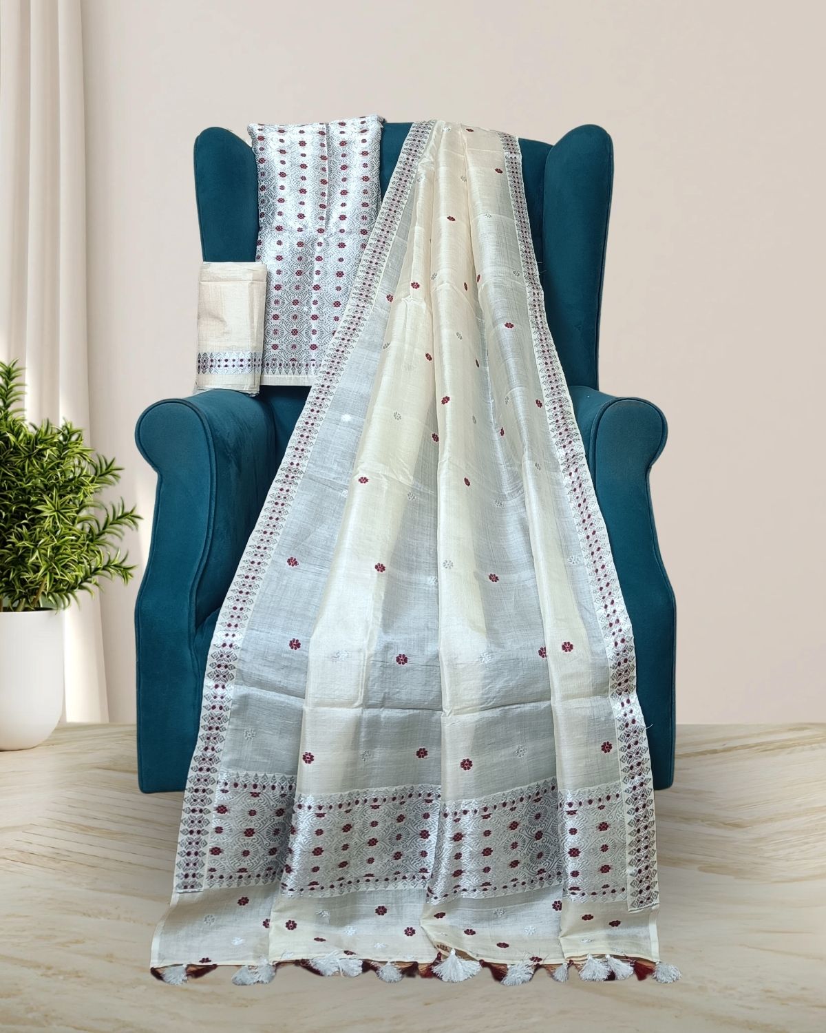 Dyed tussar silk mekhela sador