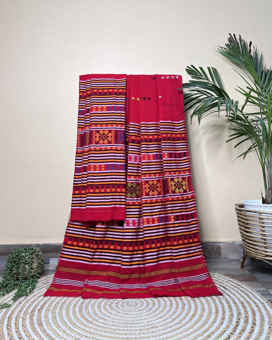 Ribi design Mising mekhela sador -Red