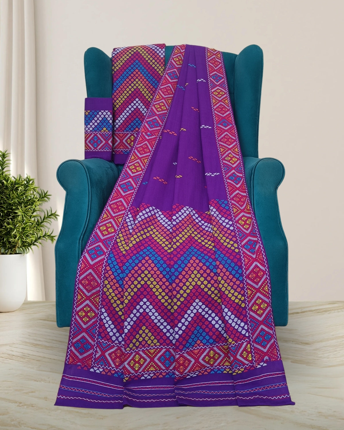 Purple padmini cotton Mising mekhela sador - DMC motifs
