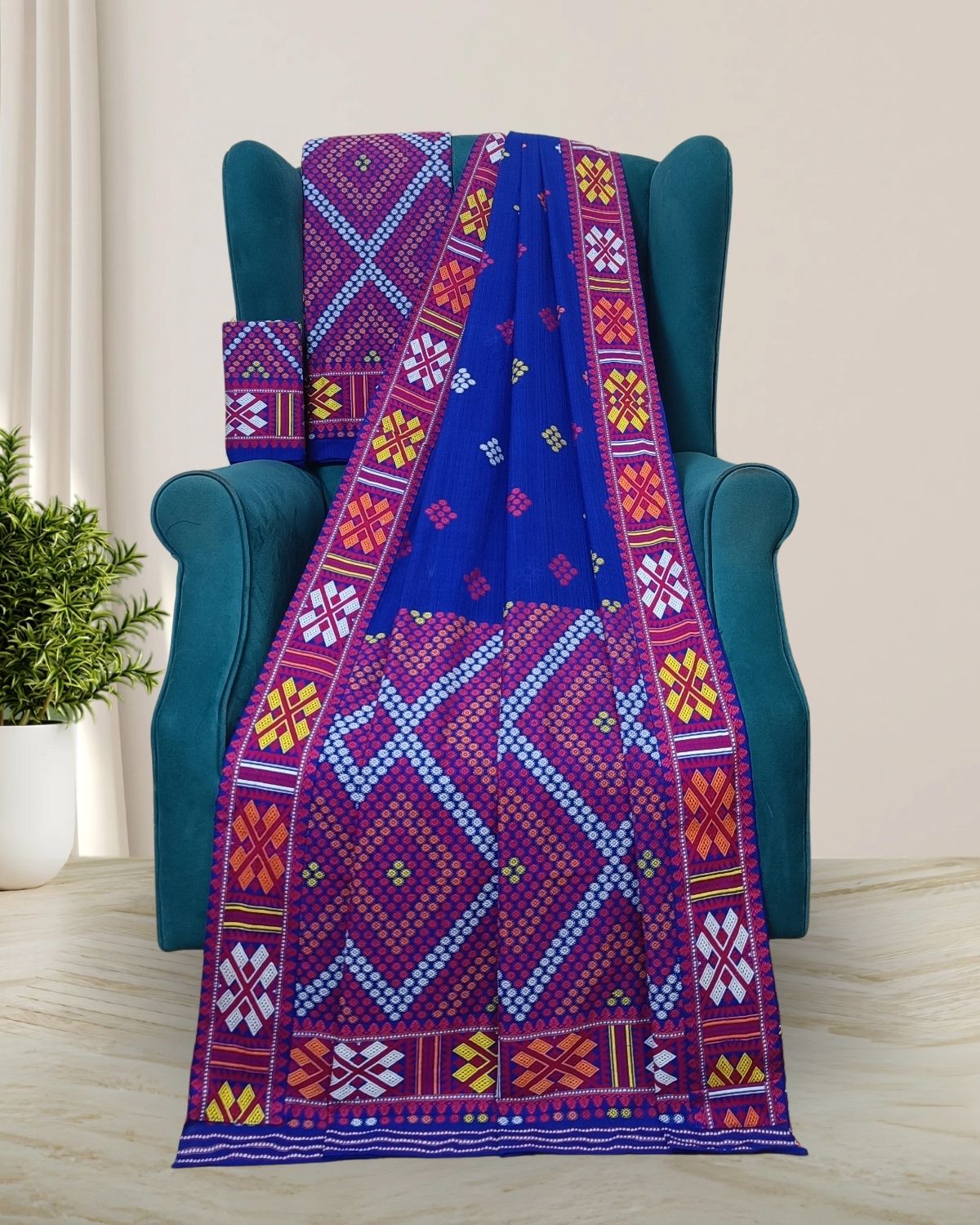 Royal blue padmini cotton Mising mekhela sador- DMC motifs