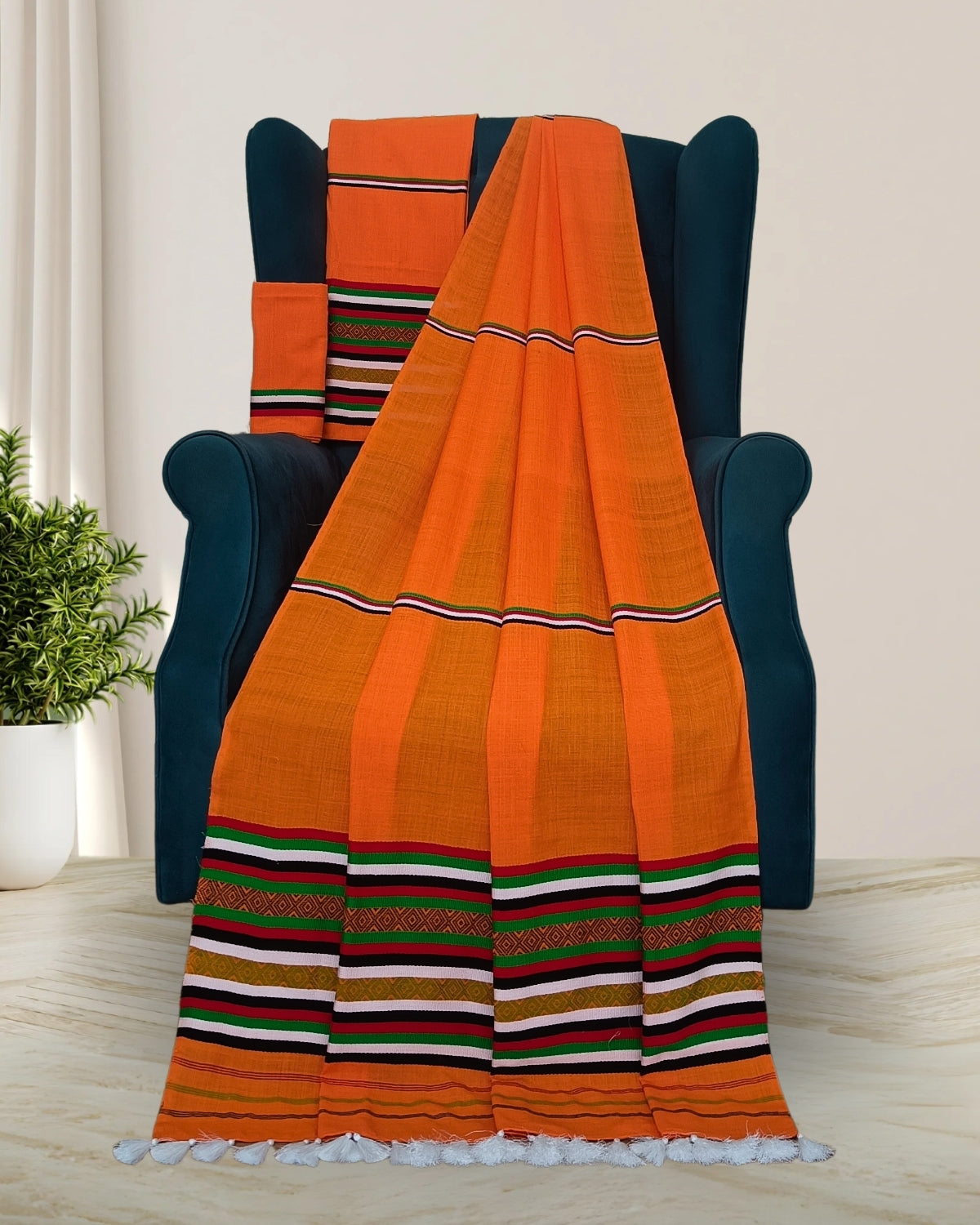 Ribi design Mising mekhela sador - Orange