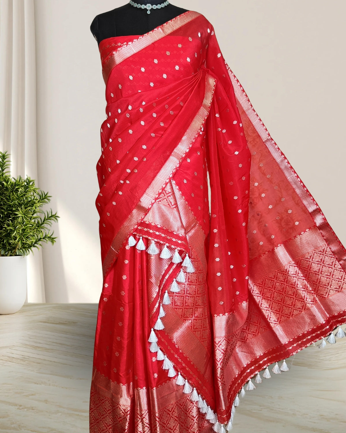 Raw mulberry silk mekhela sador - Cherry red