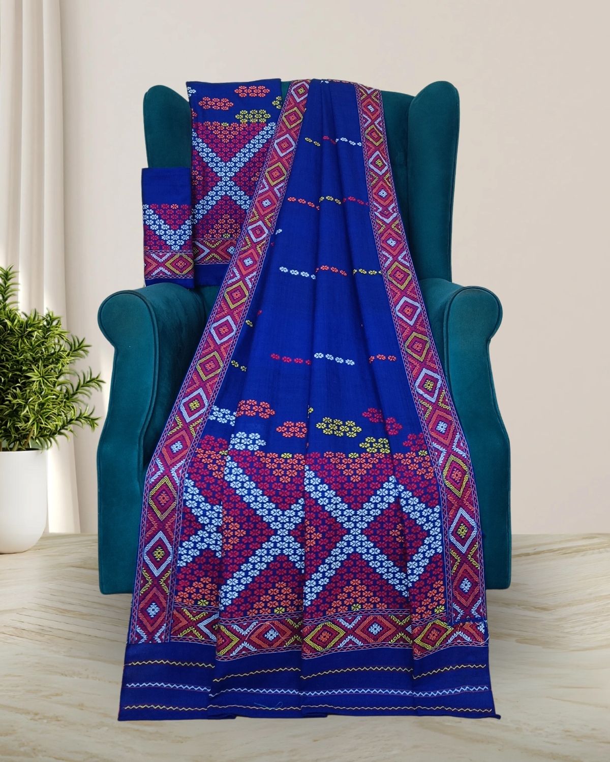 Royal blue padmini cotton Mising mekhela sador - DMC motifs