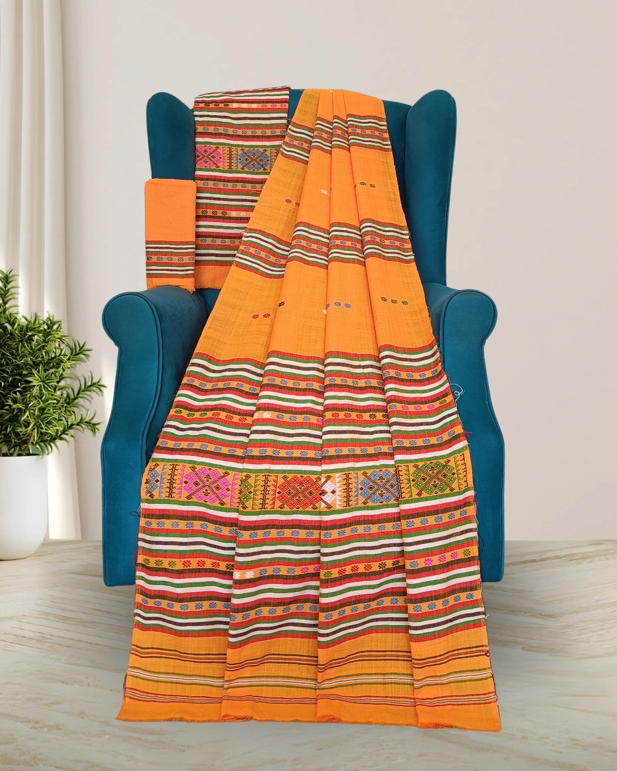Ribi design Mising mekhela sador - Orange