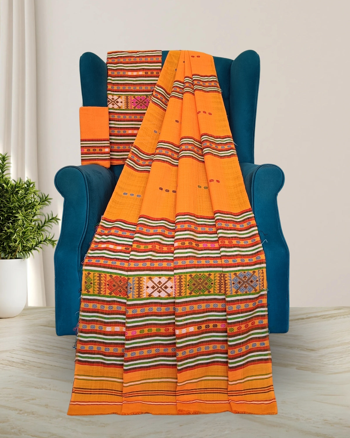 Ribi design Mising mekhela sador - Orange