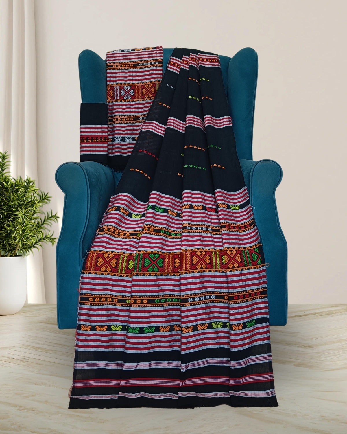 Ribi design Mising mekhela sador -Black