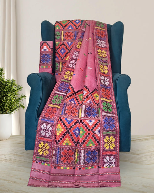Peach semi nuni Mising mekhela sador - DMC motifs