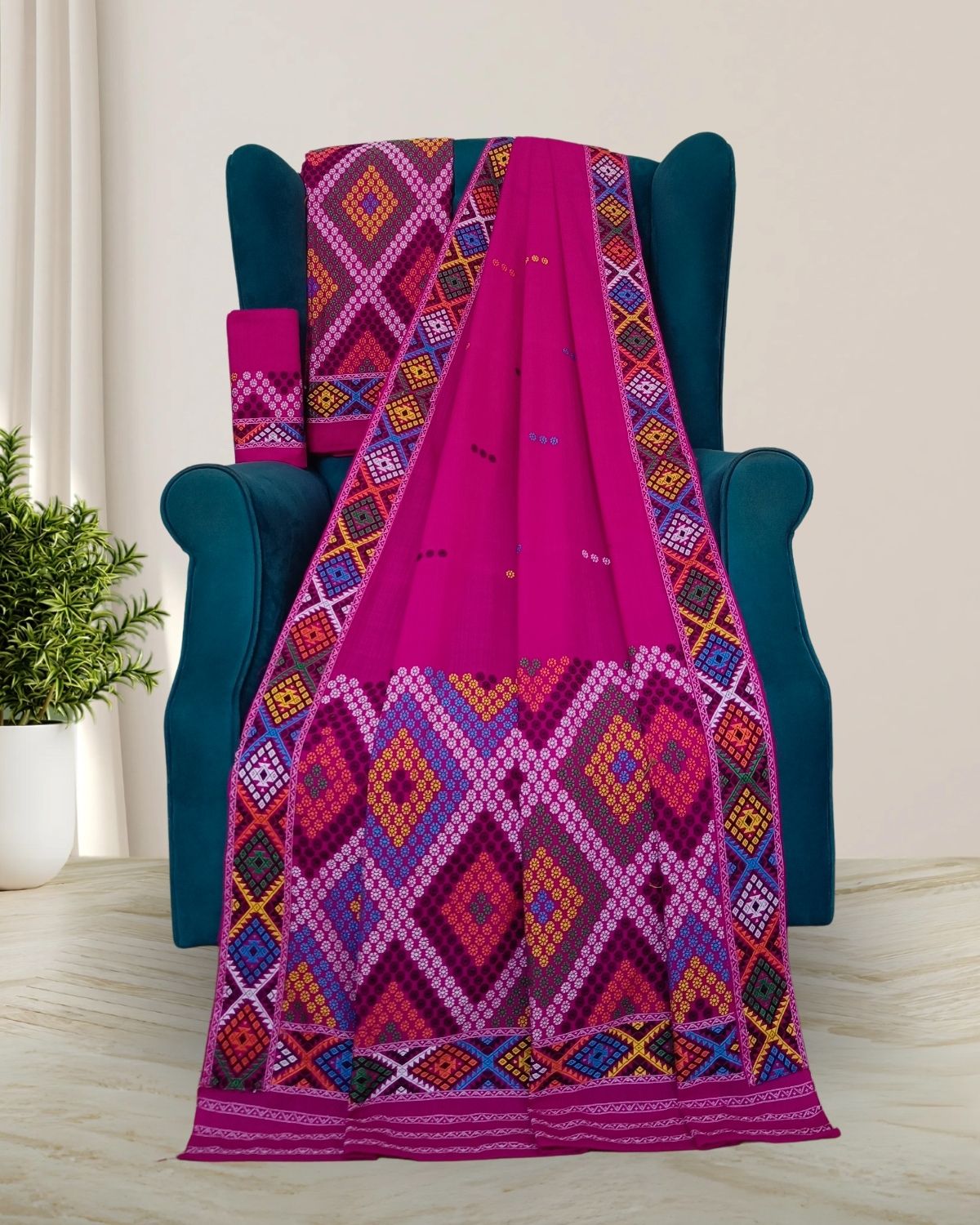 Rani pink padmini cotton Mising mekhela sador - DMC motifs