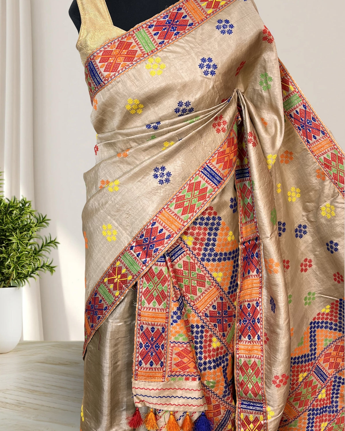 Pure Mising Tussar silk mekhela sador- DMC motifs
