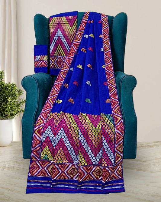 Blue padmini cotton Mising mekhela chadar - DMC motif work
