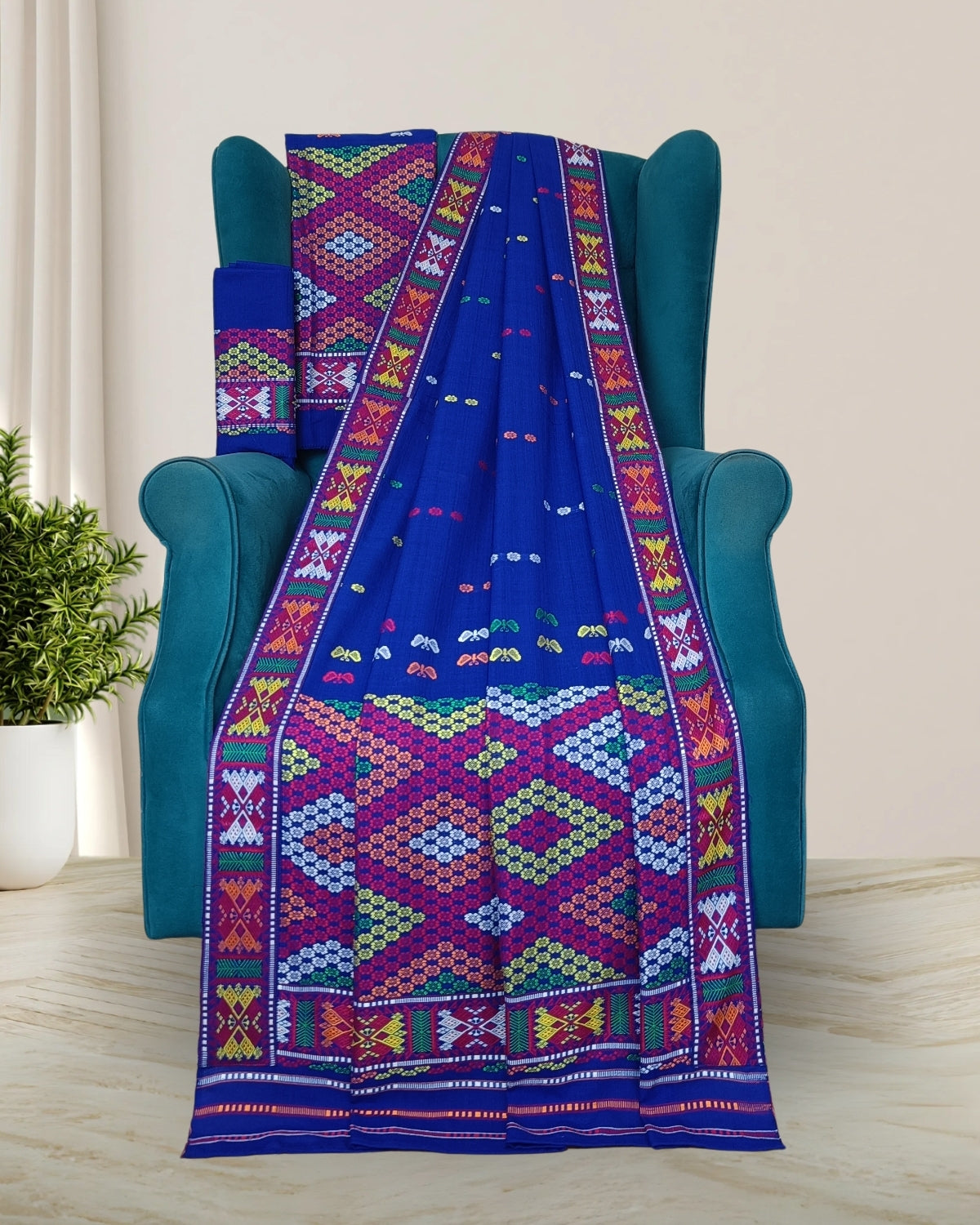 Royal blue padmini cotton Mising mekhela sador - DMC motifs