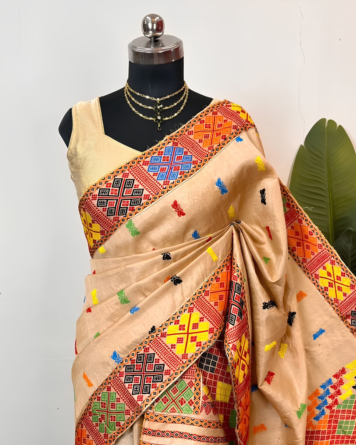 Pure Mising Tussar silk mekhela sador- DMC motifs