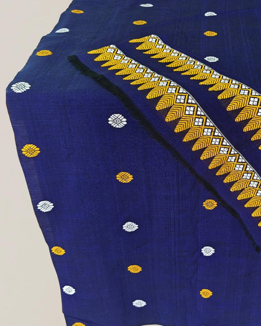 Royal blue handloom cotton fabric with Golden & White buta