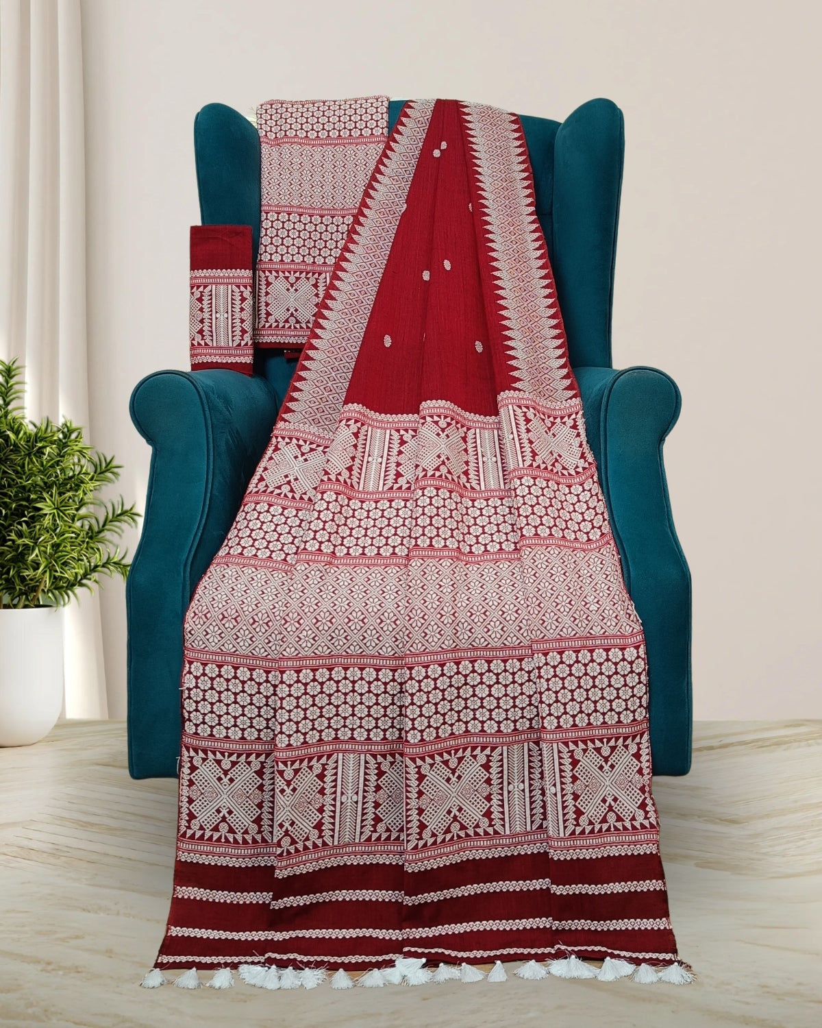 Red padmini cotton mekhela sador with designer motifs