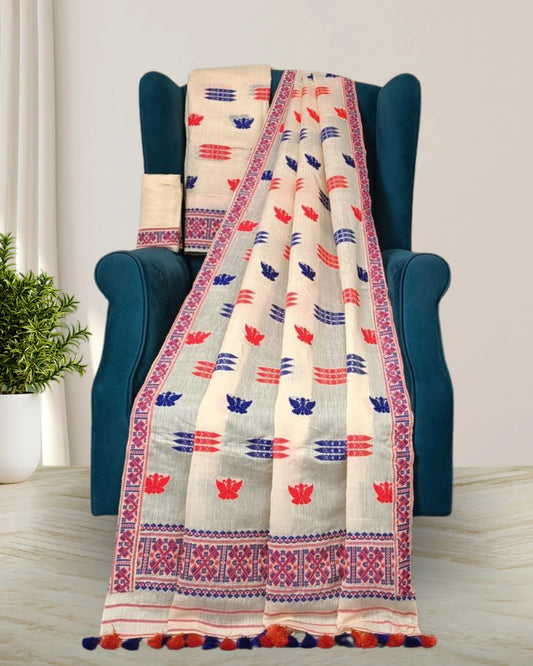 Butterfly design semi nuni mekhela sador-Off white