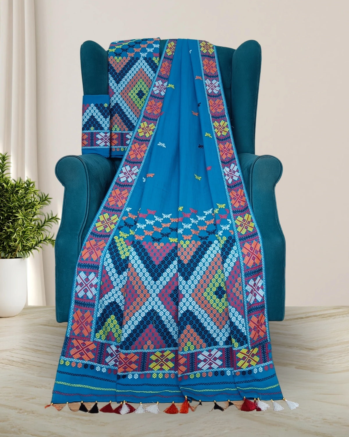 Sky blue padmini cotton Mising mekhela sador- DMC motifs