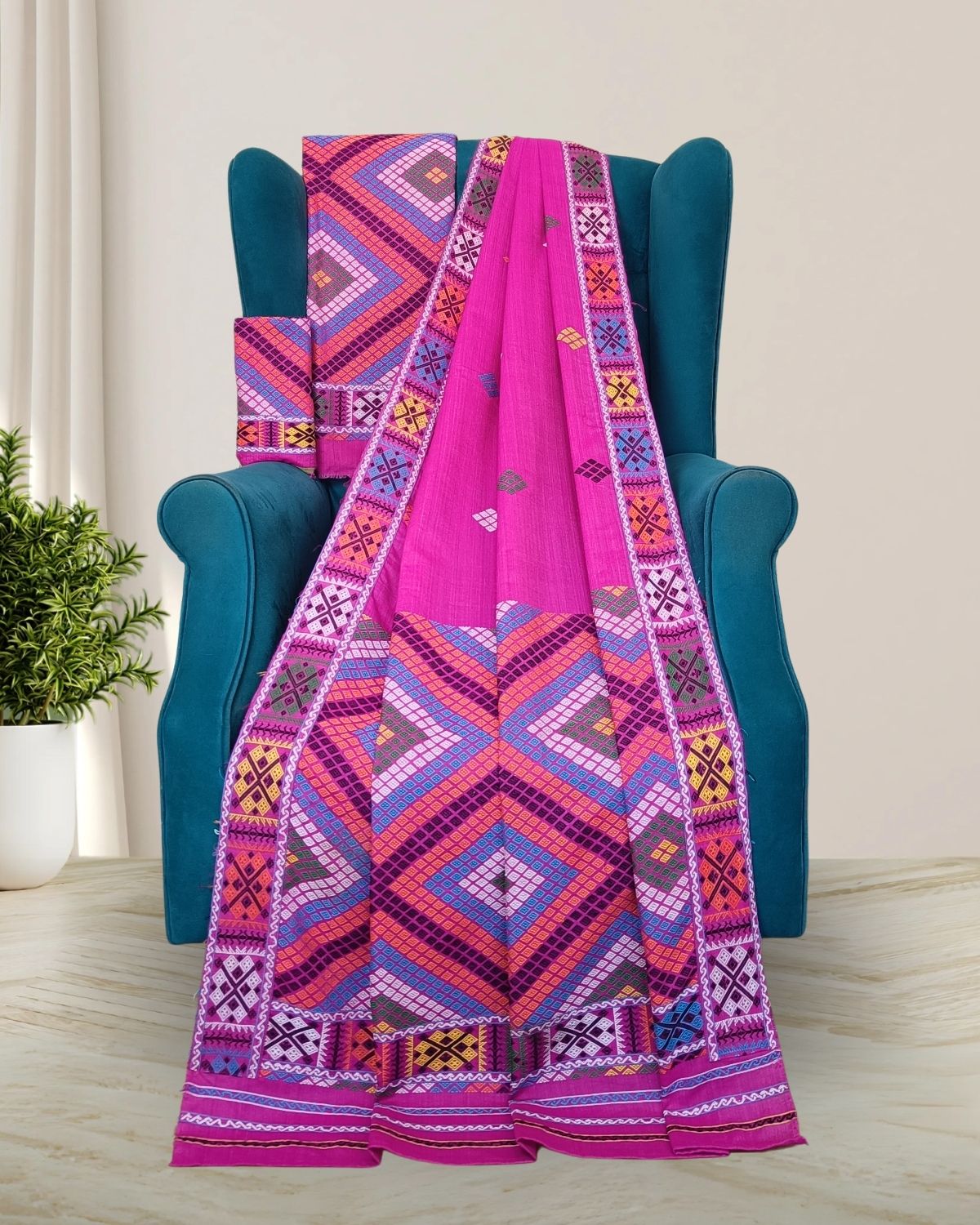 Rani pink padmini cotton Mising mekhela sador- DMC motifs