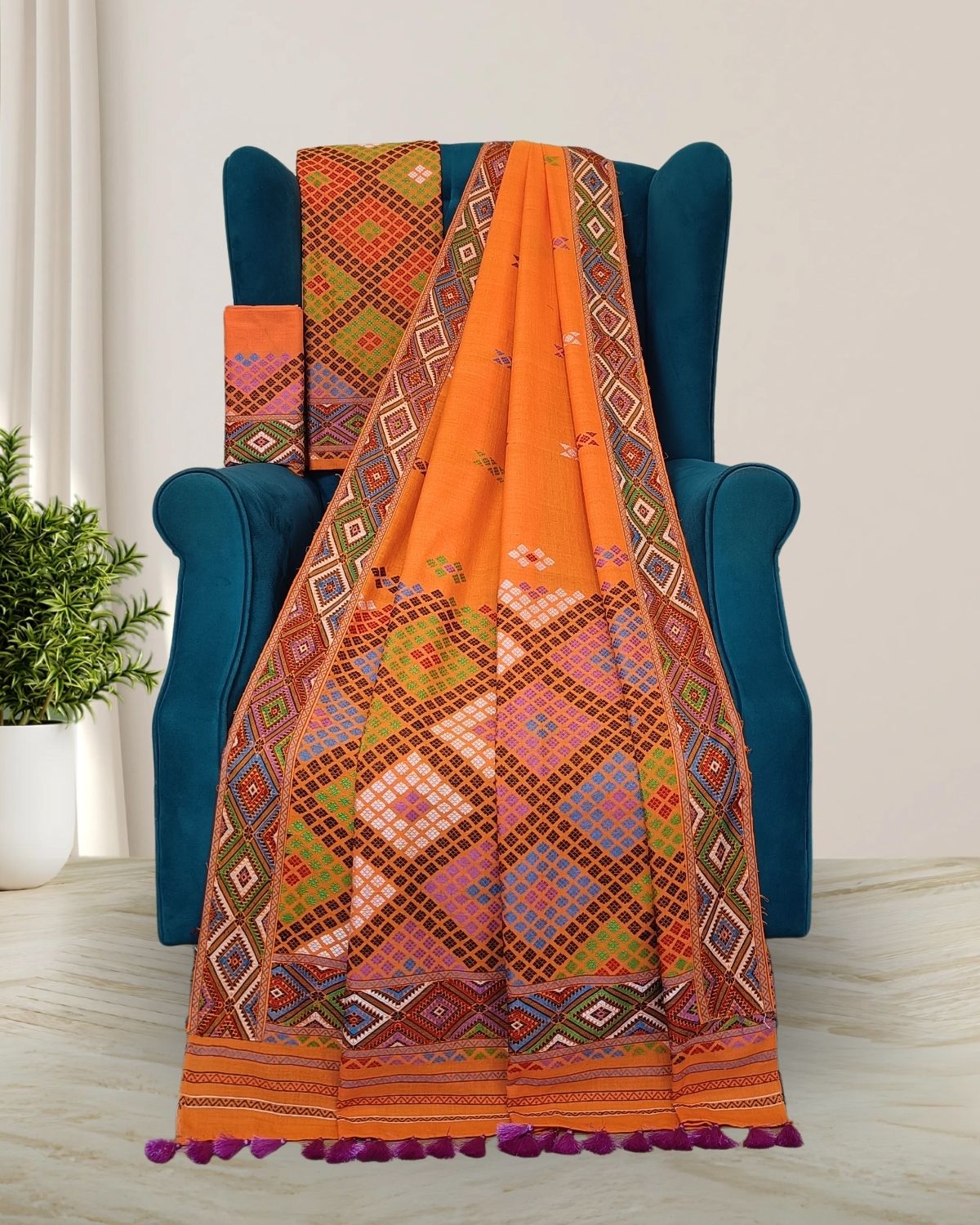 Orange padmini cotton Mising mekhela sador- DMC motifs