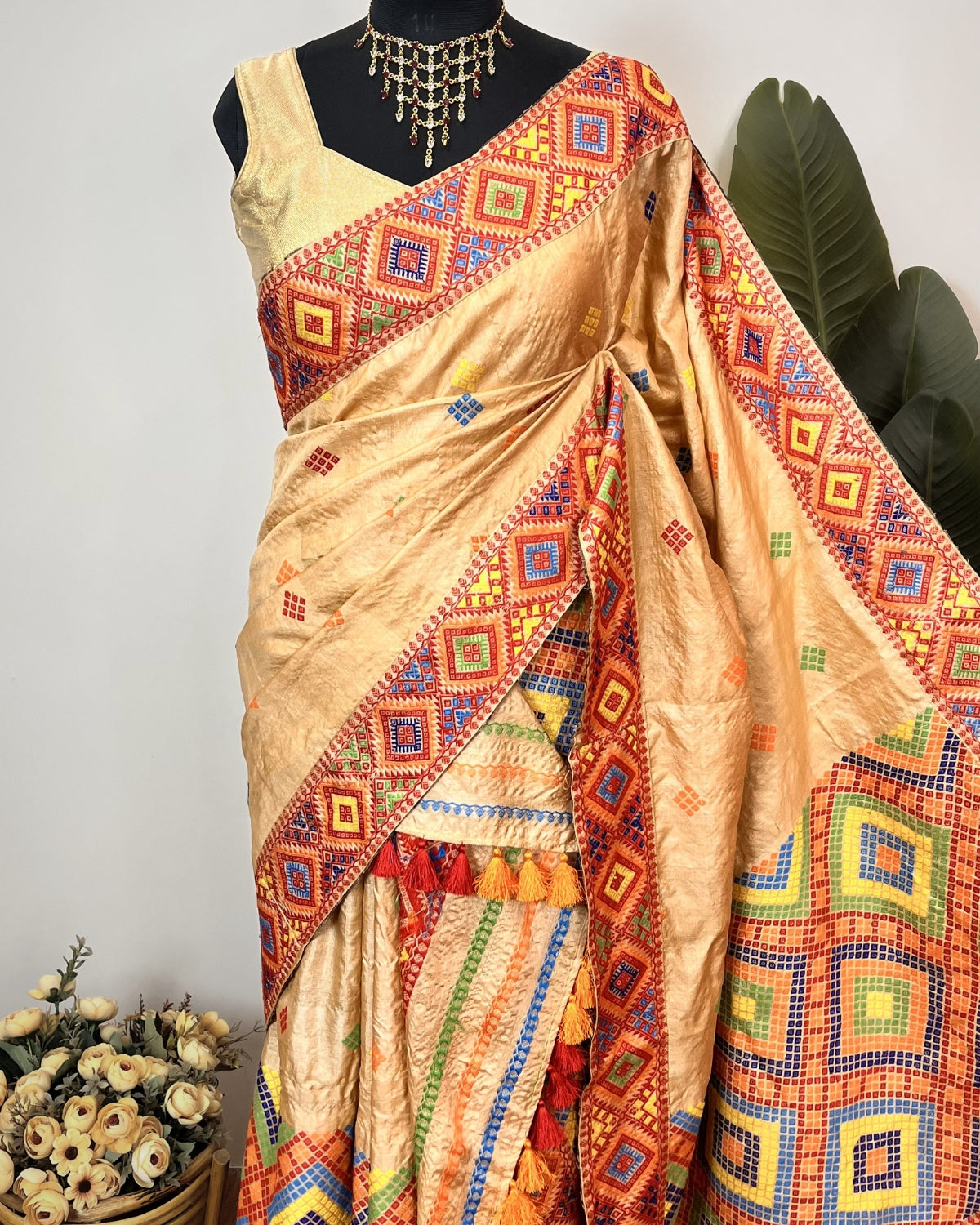 Pure Mising Tussar silk mekhela sador- DMC motifs