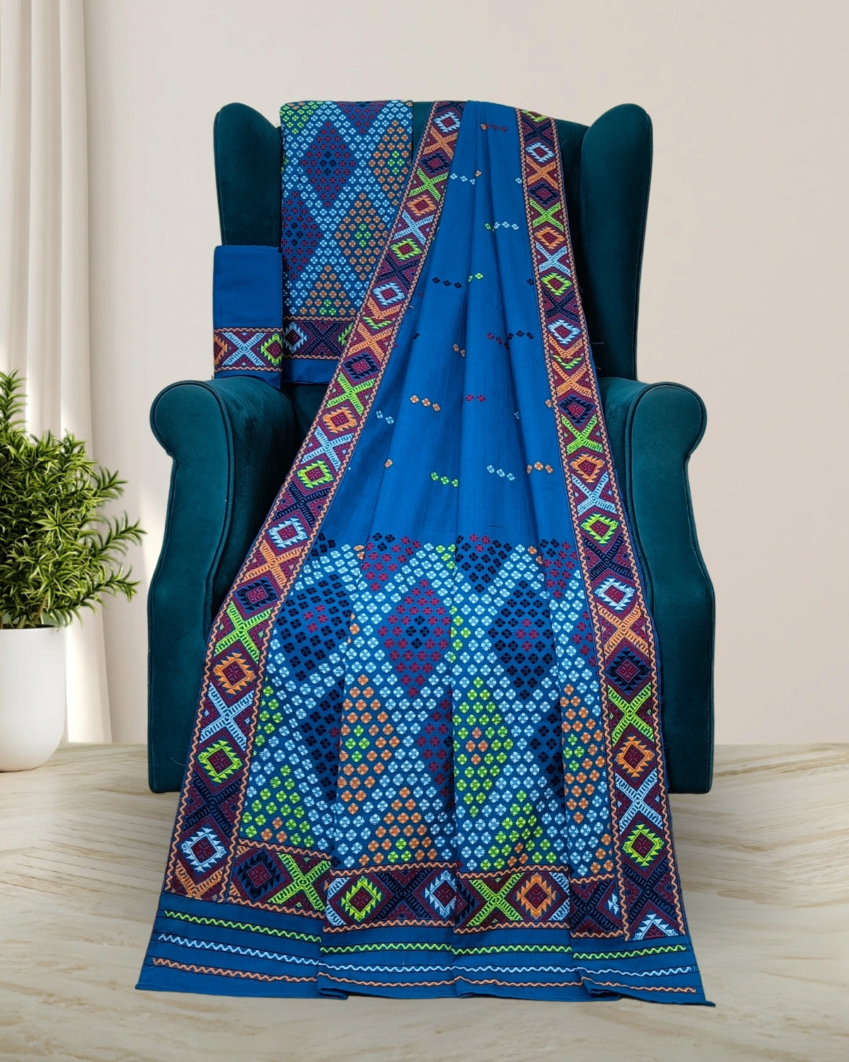 Sky blue padmini cotton Mising mekhela sador