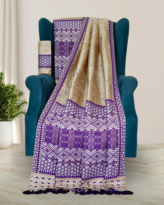 Tussar silk mekhela sador with purple designer motifs