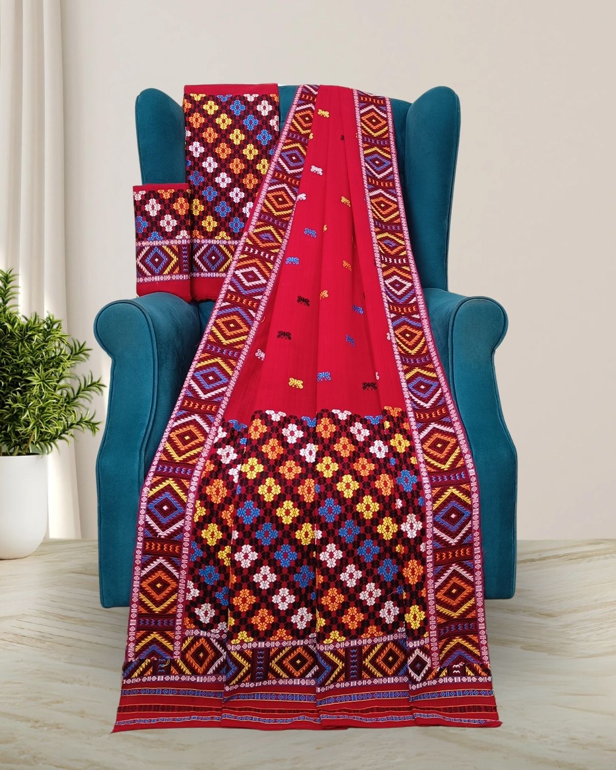Red padmini cotton Mising mekhela sador - DMC motifs