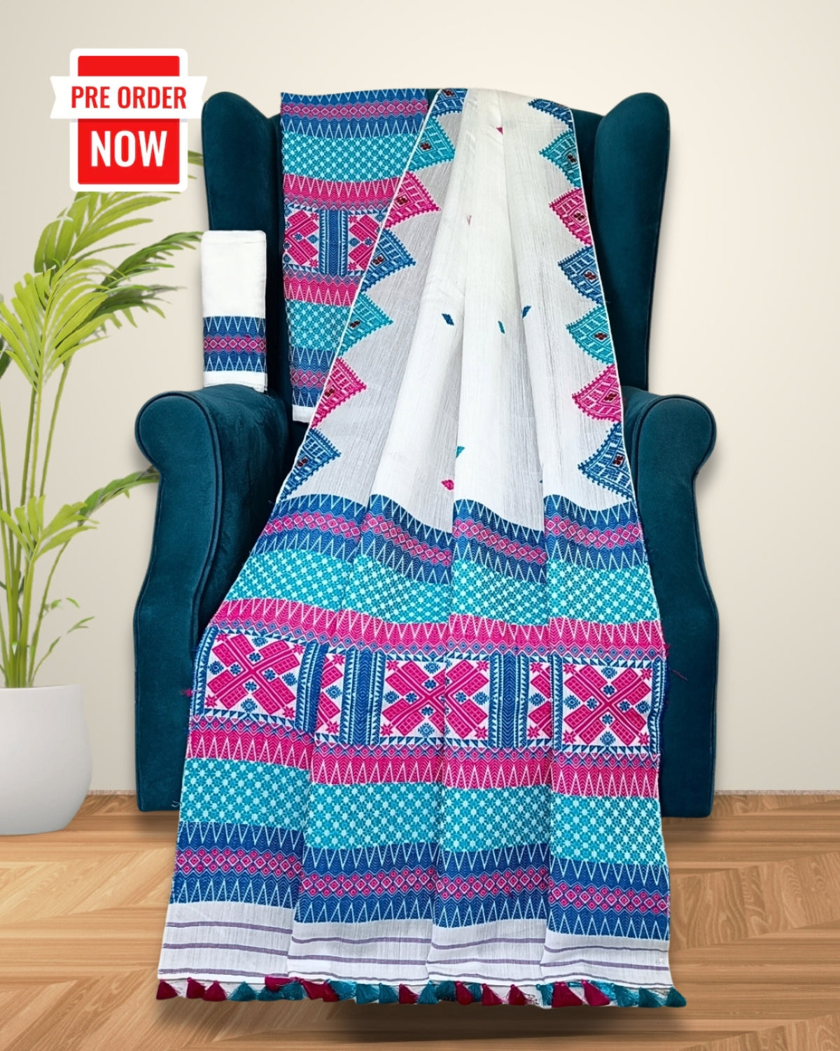 White semi nuni mekhela sador with designer motifs