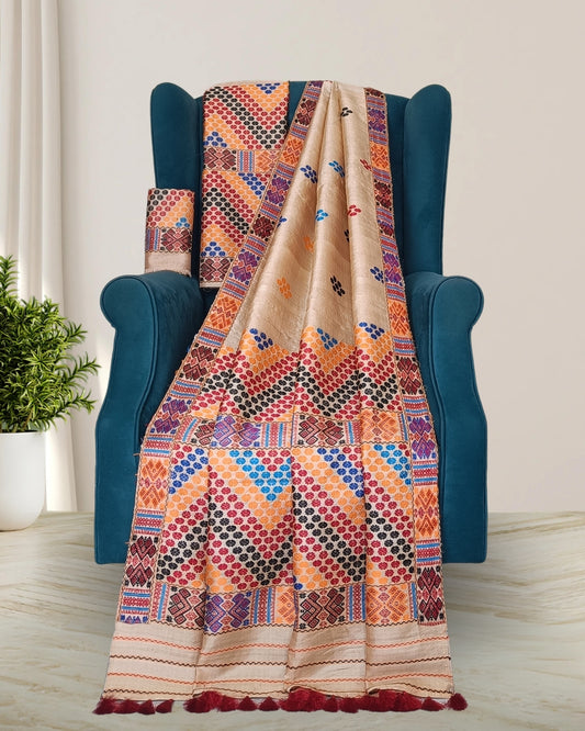Tussar silk mekhela sador in Mising tribal design - DMC motif work