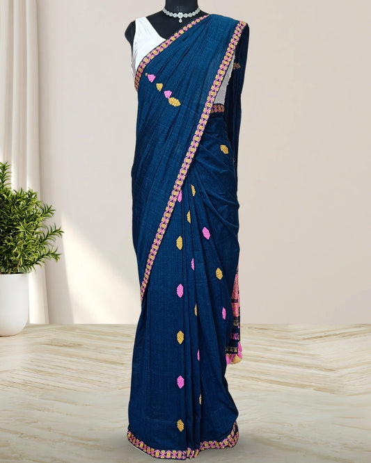 Teal green pure cotton saree with designer motifs