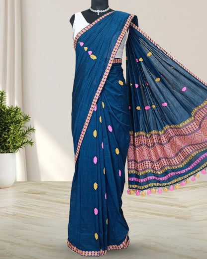 Teal green pure cotton saree with designer motifs