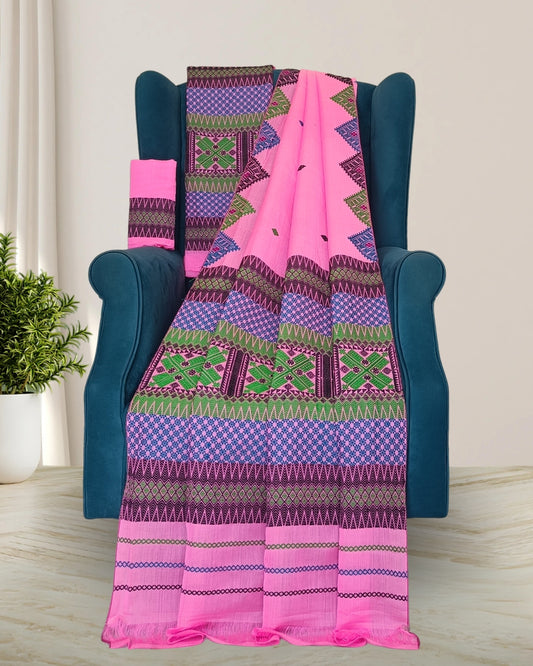 Pink semi nuni mekhela sador with designer motifs