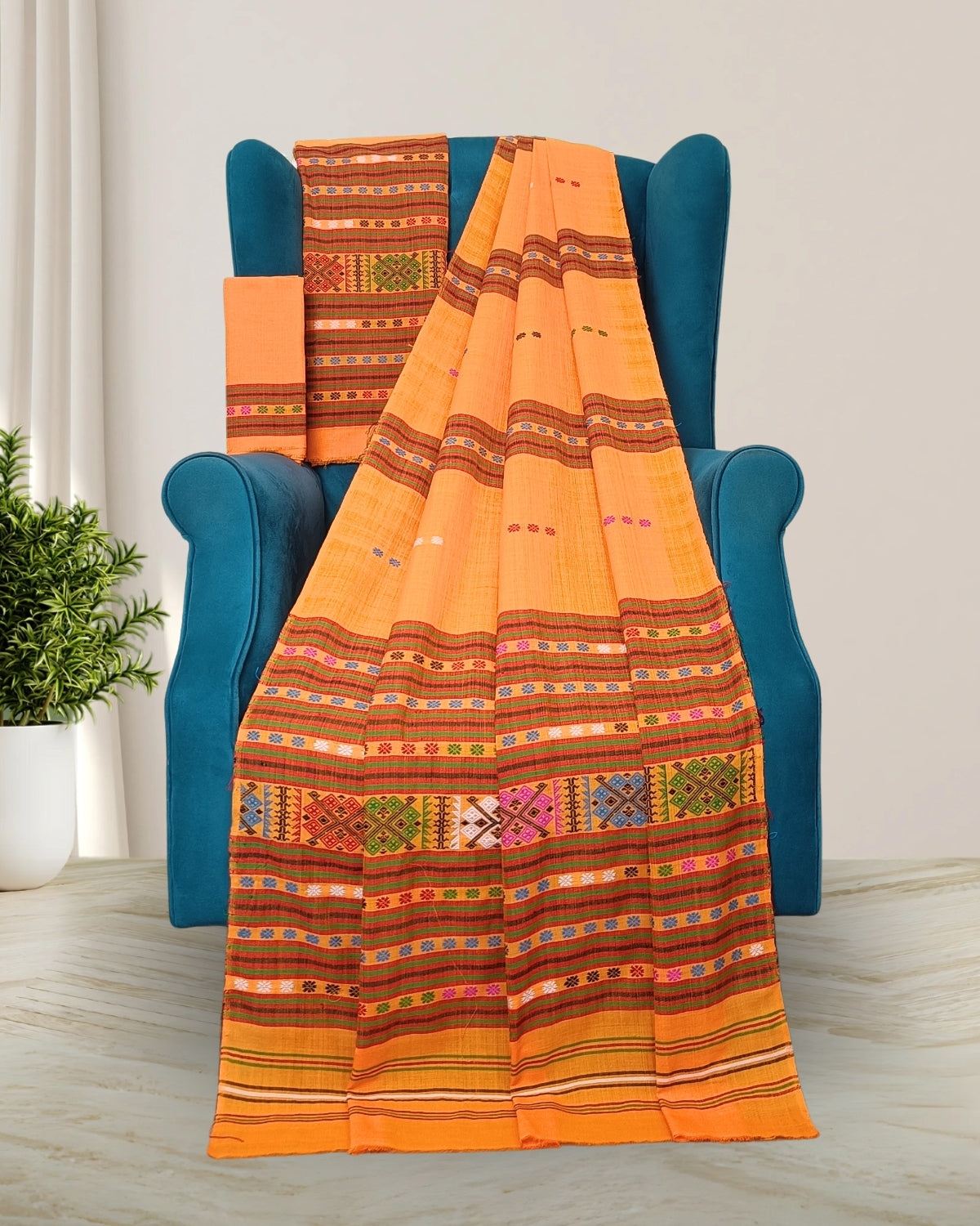 Ribi design Mising mekhela sador - Orange