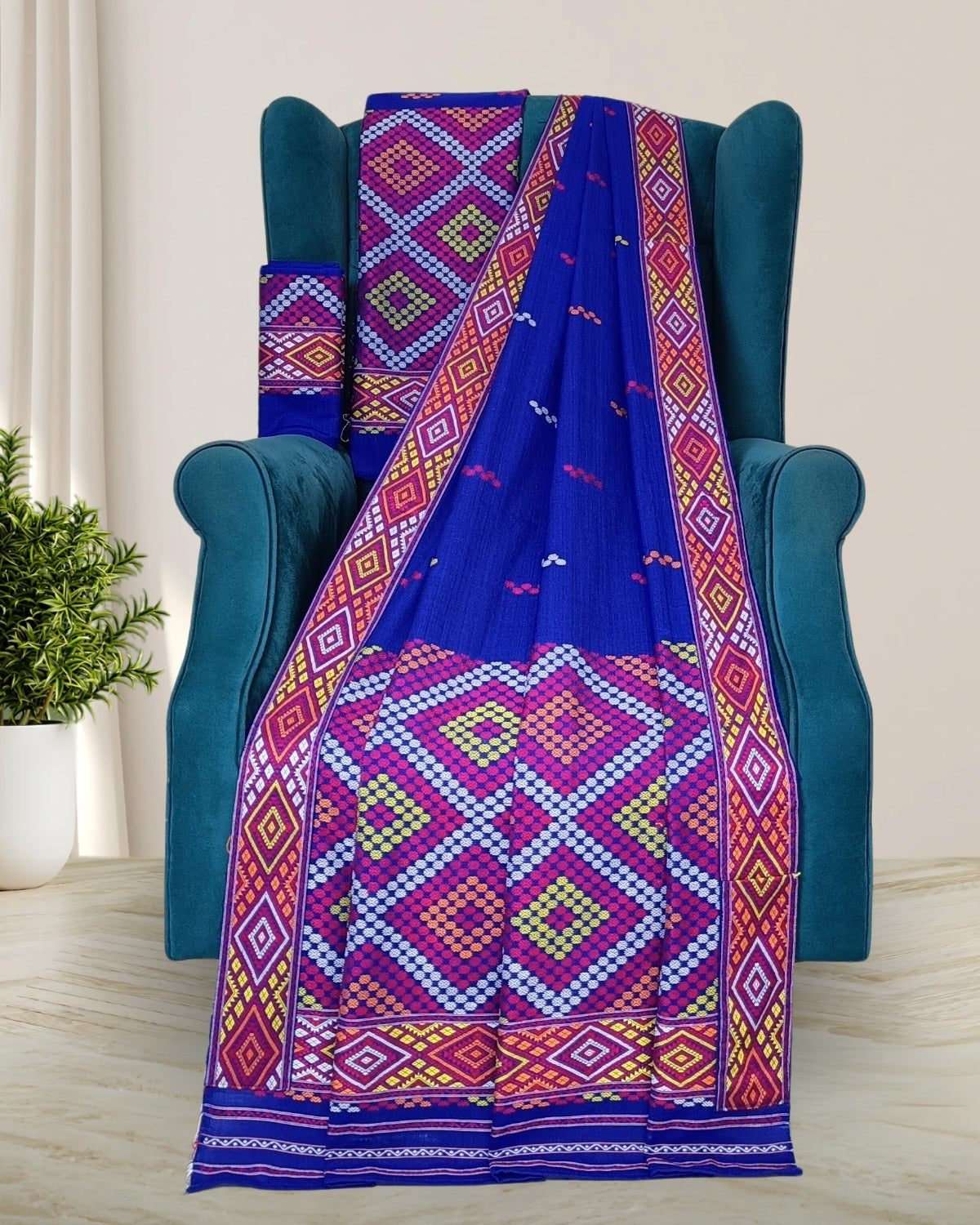 Royal blue padmini coton Mising mekhela sador- DMC motif work