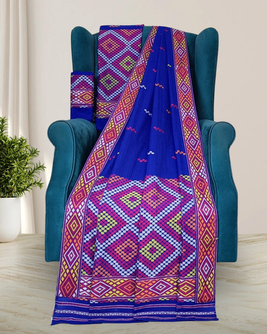 Royal blue padmini coton Mising mekhela sador- DMC motif work