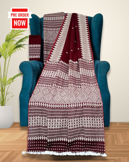 Maroon red padmini cotton mekhela sador with designer motifs