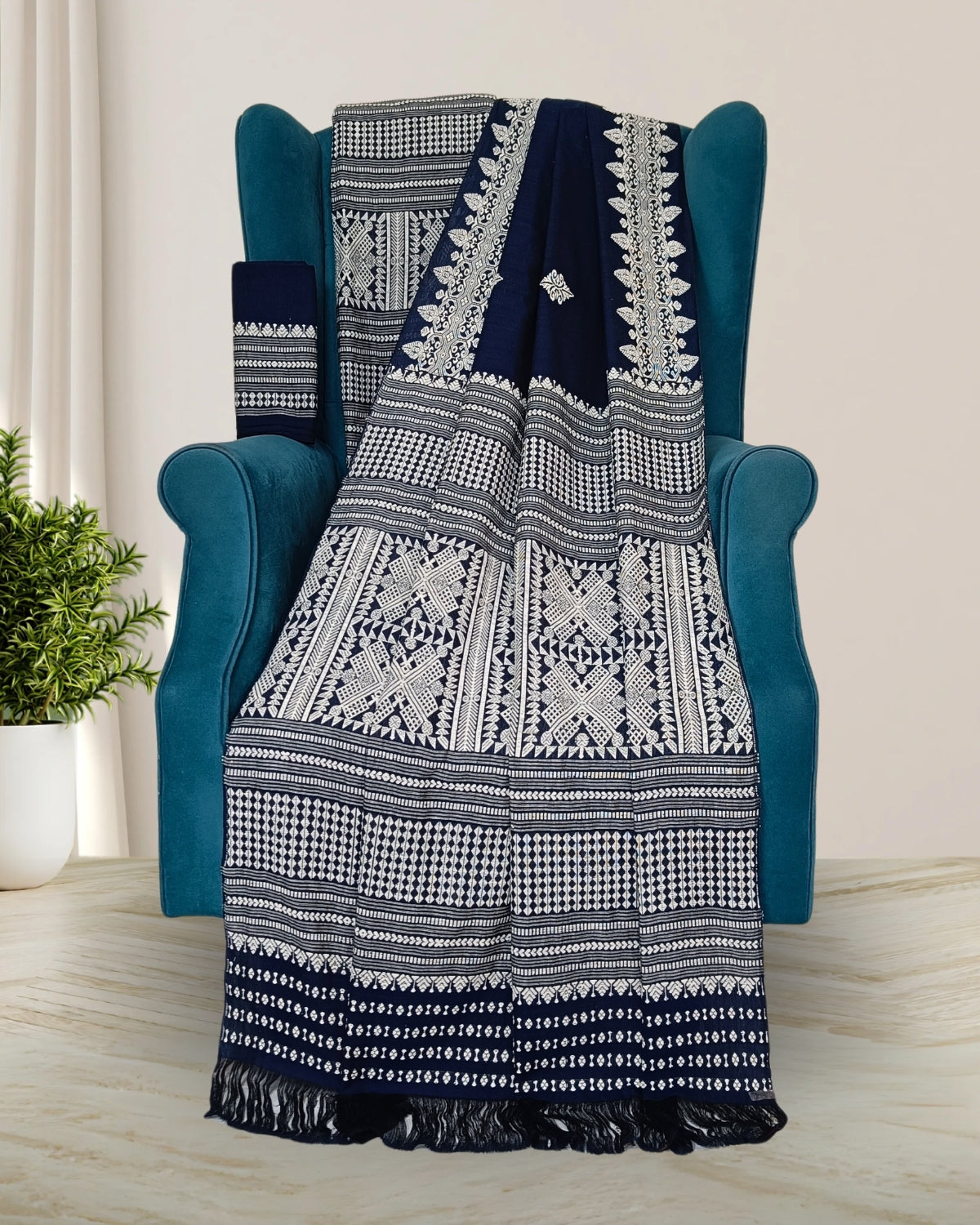 Demin blue padmini cotton mekhela sador with designer motifs