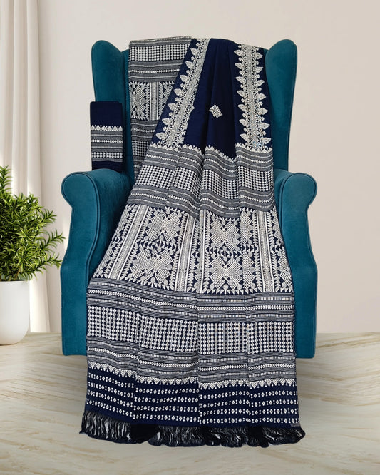Demin blue padmini cotton mekhela sador with designer motifs