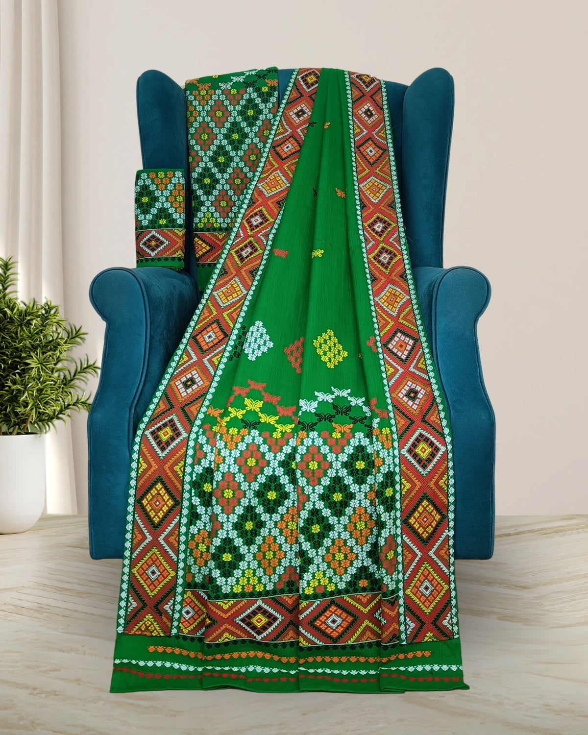 Green padmini cotton Mising mekhela sador - DMC motifs