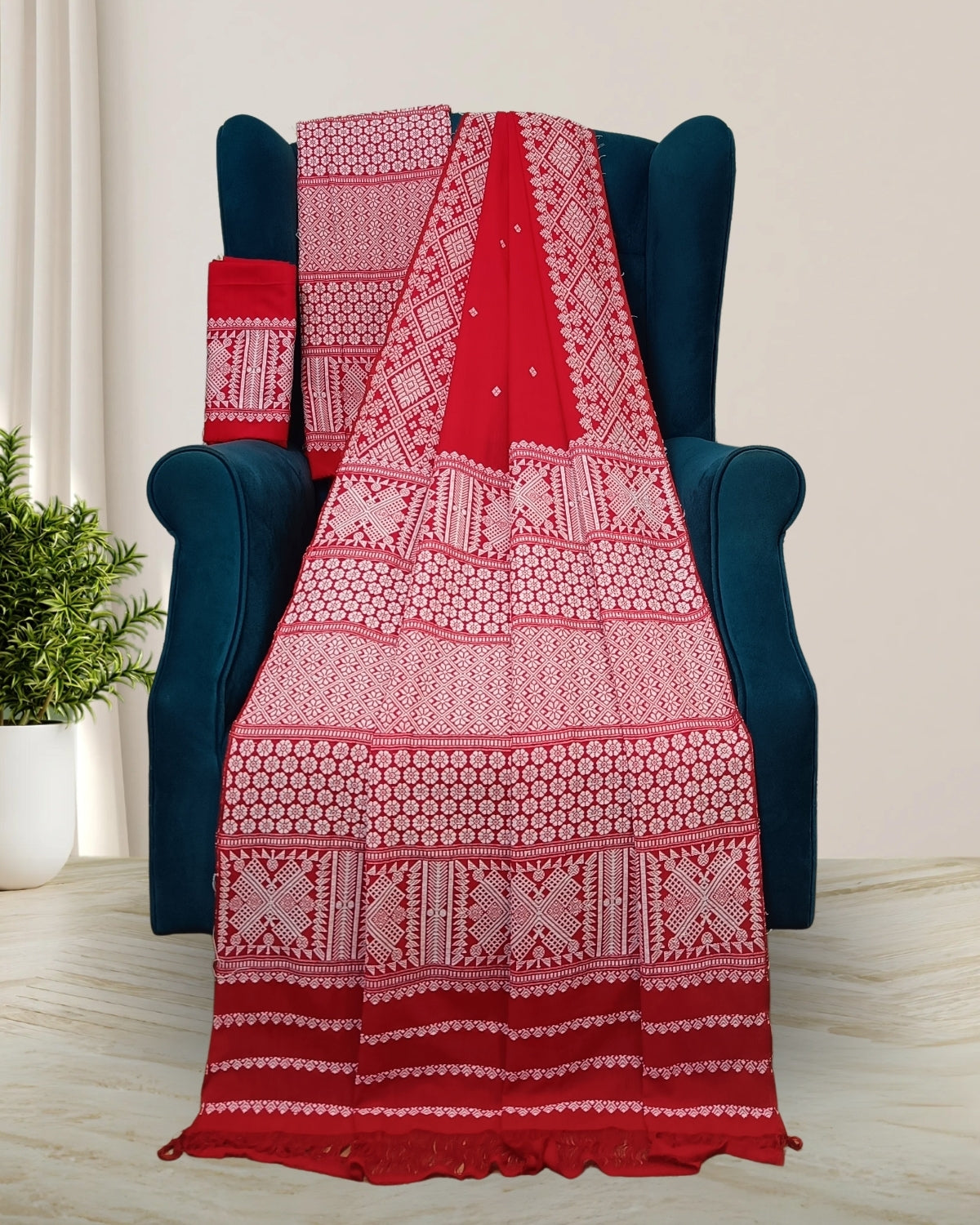 Red padmini cotton mekhela sador with designer motifs