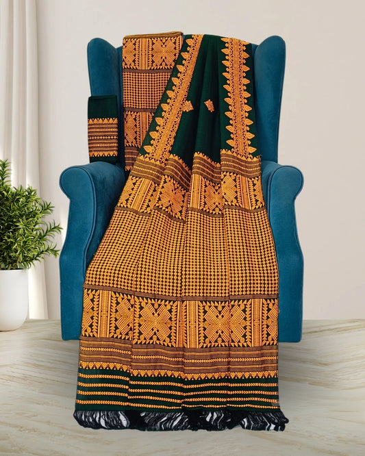 Bottle green padmini cotton mekhela sador with designer motifs