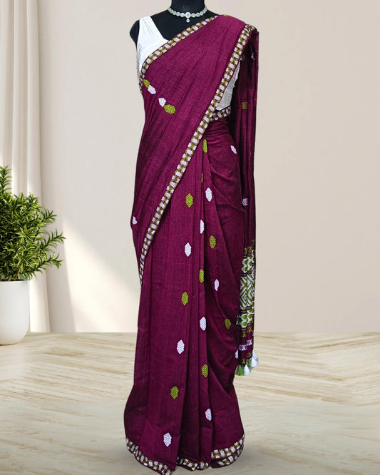 Purple pure cotton saree with designer motifs