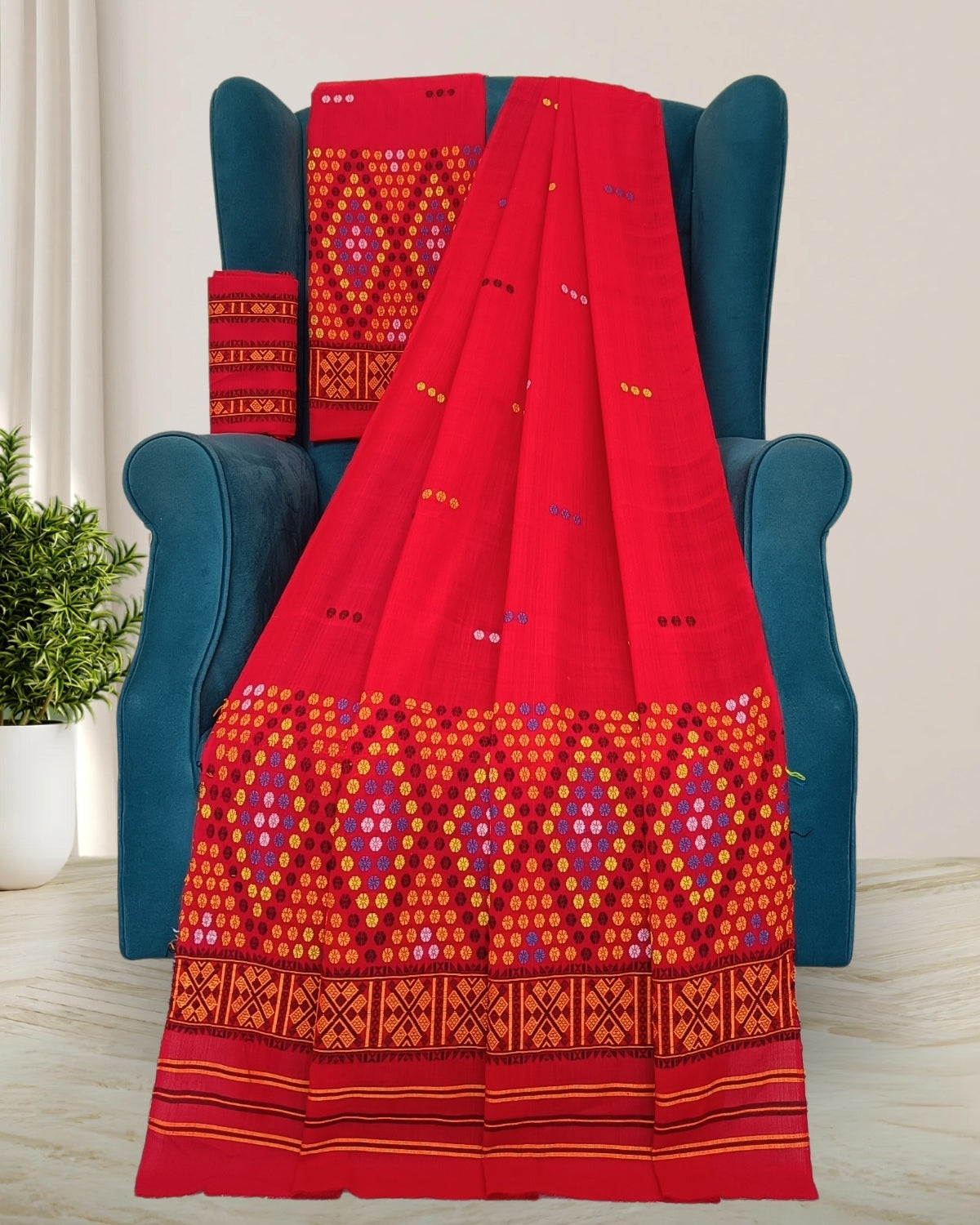 Padmini cotton Mising mekhela sador - Red