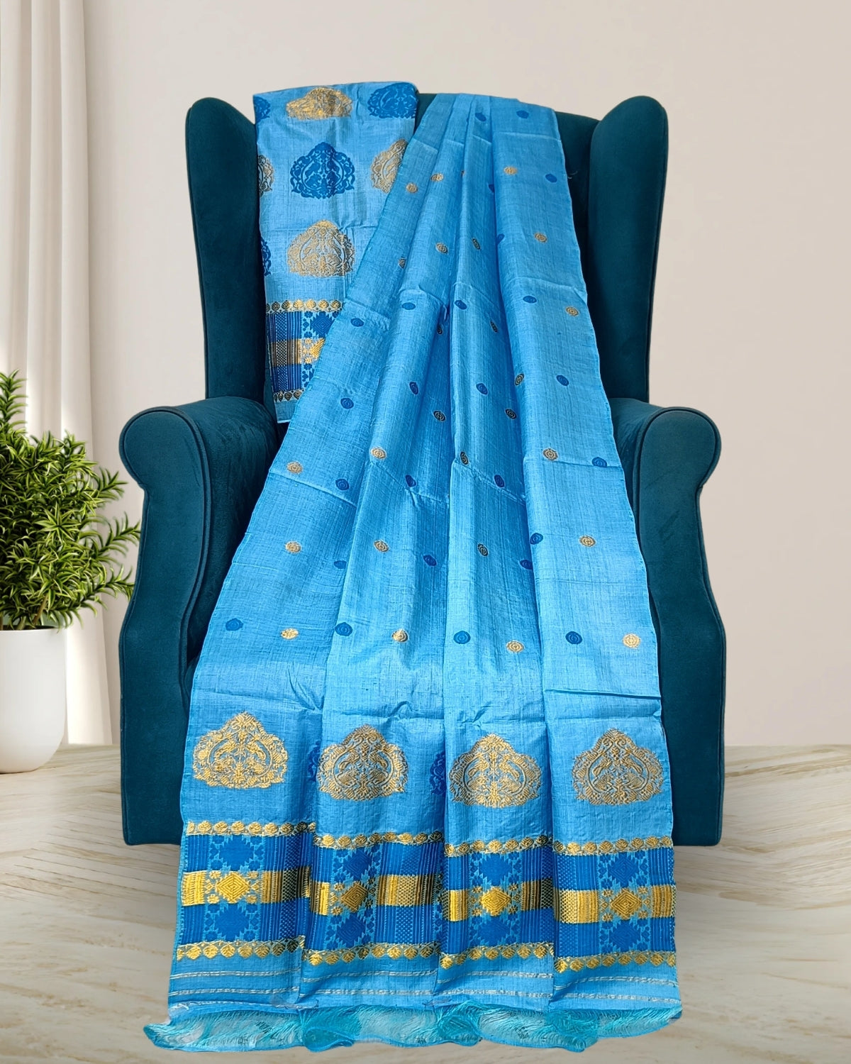 Dyed tussar silk mekhela sador-Blue