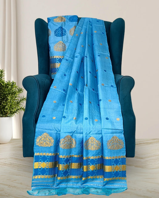 Dyed tussar silk mekhela sador-Blue