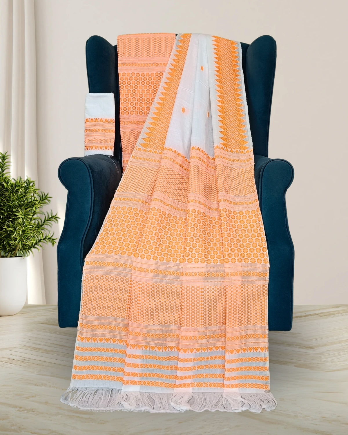 White padmini cotton mekhela chadar with designer motifs