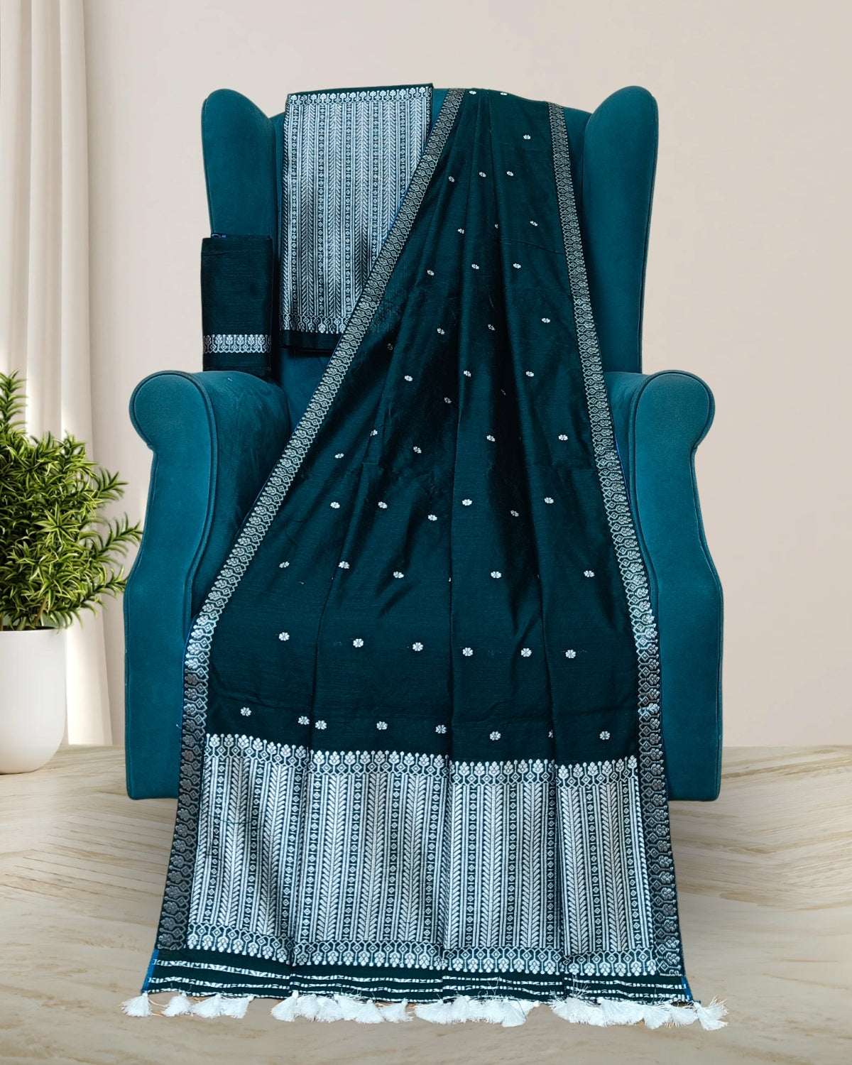 Staple cotton mekhela sador -Green