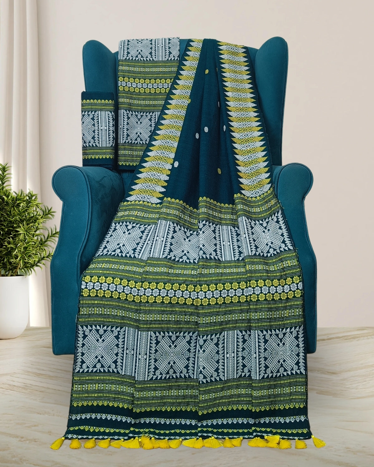 Bottle green padmini cotton mekhela sador with designer motifs
